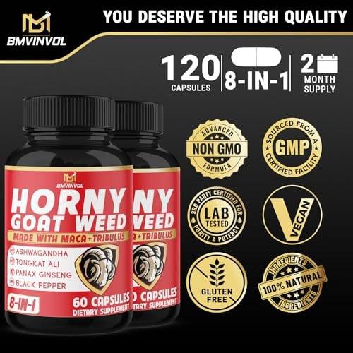 BMVINVOL Horny Goat Weed Capsules with Tribulus, Ginseng, Ashwagandha, Maca, Tongkat Ali, Nettle, Black Pepper - 60 Count - görsel 8