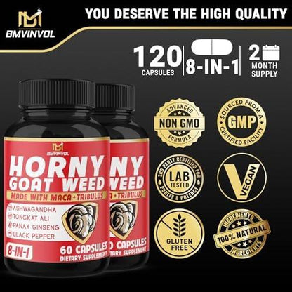 BMVINVOL Horny Goat Weed Capsules with Tribulus, Ginseng, Ashwagandha, Maca, Tongkat Ali, Nettle, Black Pepper - 60 Count