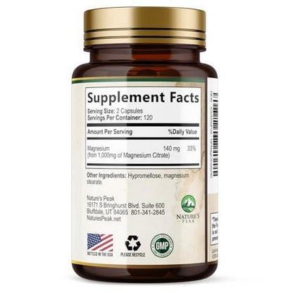 Magnesium Citrate Capsules - Max Absorption Magnesium Powder - Muscle, Bone, Nerve & Heart Health Support - Premium Formula is Powerful & Gentle for Women & Men - Bottled in USA - 240 Capsules