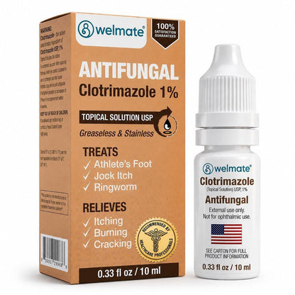 WELMATE Clotrimazole 1% Antifungal Topical Solution | 0.33 fl oz (10mL) Athlete's Foot, Jock Itch, Ringworm Treatment & Ear Drops, Greaseless Non-Staining, Fast Relief for Itchy, Burning Skin