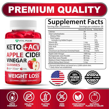 Keto ACV Gummies Advanced Weight Loss - Sugar Free ACV Keto Gummies - Gummy Supplement for Women and Men - Detox - Apple Cider Vinegar - Apple Flavor