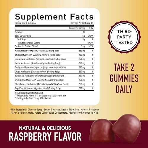 SMNutrition Mushroom Gummies for Adults | with Lions Mane, Turkey Tail, Reishi, Cordyceps, Chaga & Maitake | Support Cognitive Function & Immune Health | Raspberry Flavor | 60ct - görsel 12