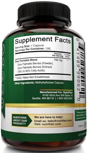 NutriFlair Saw Palmetto Extract 750mg, 120 Capsules - Natural Prostate Supplement & Berry Health Support - Helps Block DHT to Prevent Hair Loss and Helps Reduce Frequent Urination, for Women and Men - görsel 4