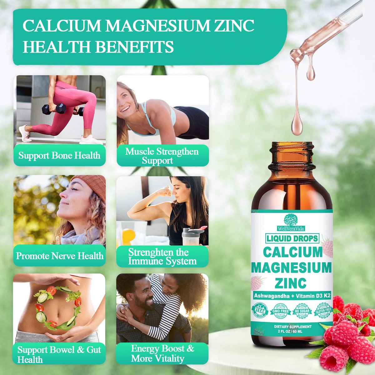 Calcium Magnesium Zinc D3 with Calm Magnesium Glycinate Plus Ashwagandha, L-Theanine, Liquid Calcium with Vitamin D3 and Magnesium Supplement for Immune, Bone, Muscle, Mood & Sleep Support - görsel 5
