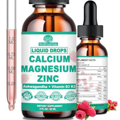 Calcium Magnesium Zinc D3 with Calm Magnesium Glycinate Plus Ashwagandha, L-Theanine, Liquid Calcium with Vitamin D3 and Magnesium Supplement for Immune, Bone, Muscle, Mood & Sleep Support