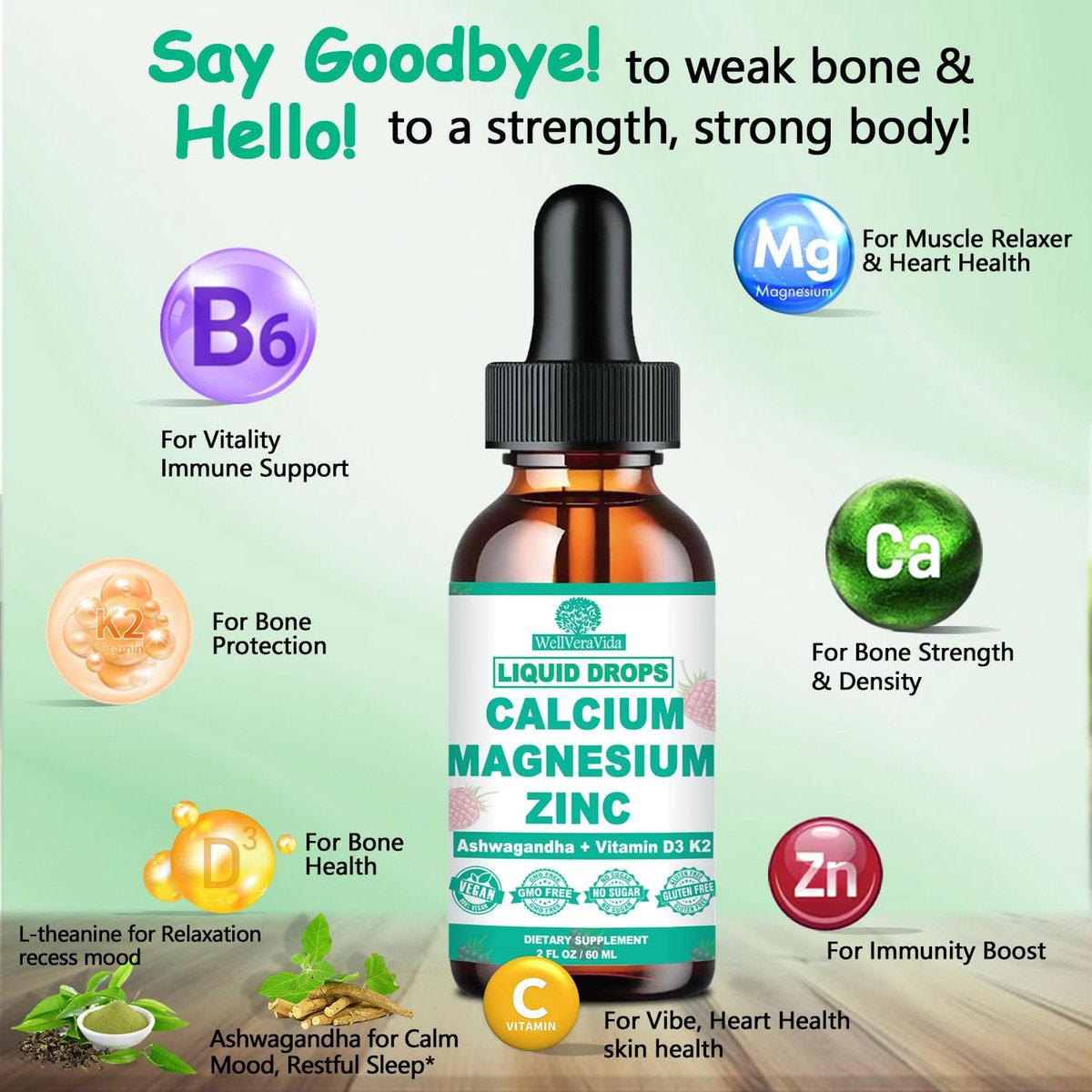 Calcium Magnesium Zinc D3 with Calm Magnesium Glycinate Plus Ashwagandha, L-Theanine, Liquid Calcium with Vitamin D3 and Magnesium Supplement for Immune, Bone, Muscle, Mood & Sleep Support - görsel 3