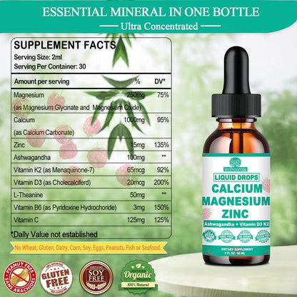 Calcium Magnesium Zinc D3 with Calm Magnesium Glycinate Plus Ashwagandha, L-Theanine, Liquid Calcium with Vitamin D3 and Magnesium Supplement for Immune, Bone, Muscle, Mood & Sleep Support