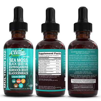 Clean Nutra Organic Sea Moss Drops Supplement | Black Seed Oil Irish Seamoss Ashwagandha Burdock Root & Bladderwrack - Multimineral Liquid Vegan for Gut Health Energy Skin Immune Support & Hair