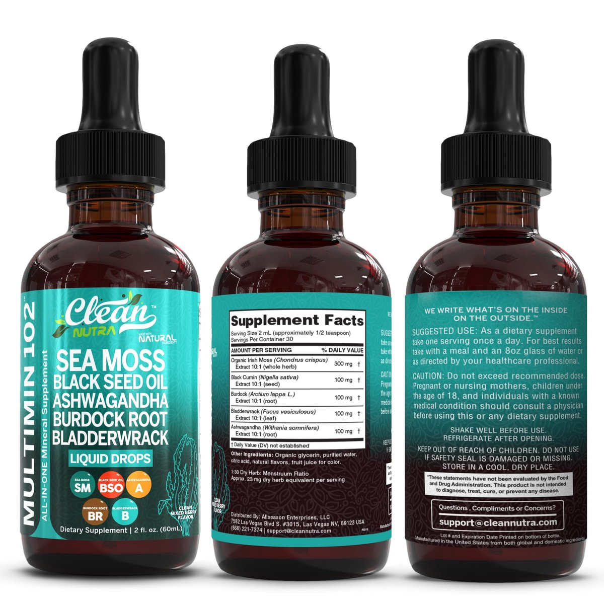 Clean Nutra Organic Sea Moss Drops Supplement | Black Seed Oil Irish Seamoss Ashwagandha Burdock Root & Bladderwrack - Multimineral Liquid Vegan for Gut Health Energy Skin Immune Support & Hair - görsel 4