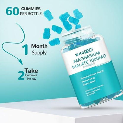 Whoyun Magnesium Malate Gummies 1000mg, Enhanced Absorption Magnesium Chewables Supplement with Malic Acid for Energy Boost & Muscle Health, 60 Count