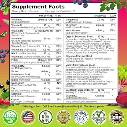Women's Daily Multivitamin 50 Plus - Vegan Methylated Multivitamin for Women 50 and Over with Biotin, Organic Superfoods & Lutein - Eye, Energy, Gut & Optimal Health Support - Easy to Swallow Capsules