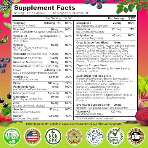 Women's Daily Multivitamin 50 Plus - Vegan Methylated Multivitamin for Women 50 and Over with Biotin, Organic Superfoods & Lutein - Eye, Energy, Gut & Optimal Health Support - Easy to Swallow Capsules - görsel 6
