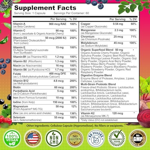 Women's Daily Multivitamin 50 Plus - Vegan Methylated Multivitamin for Women 50 and Over with Biotin, Organic Superfoods & Lutein - Eye, Energy, Gut & Optimal Health Support - Easy to Swallow Capsules - görsel 8