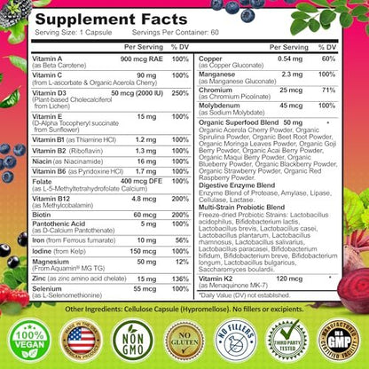 Women's Daily Multivitamin 50 Plus - Vegan Methylated Multivitamin for Women 50 and Over with Biotin, Organic Superfoods & Lutein - Eye, Energy, Gut & Optimal Health Support - Easy to Swallow Capsules