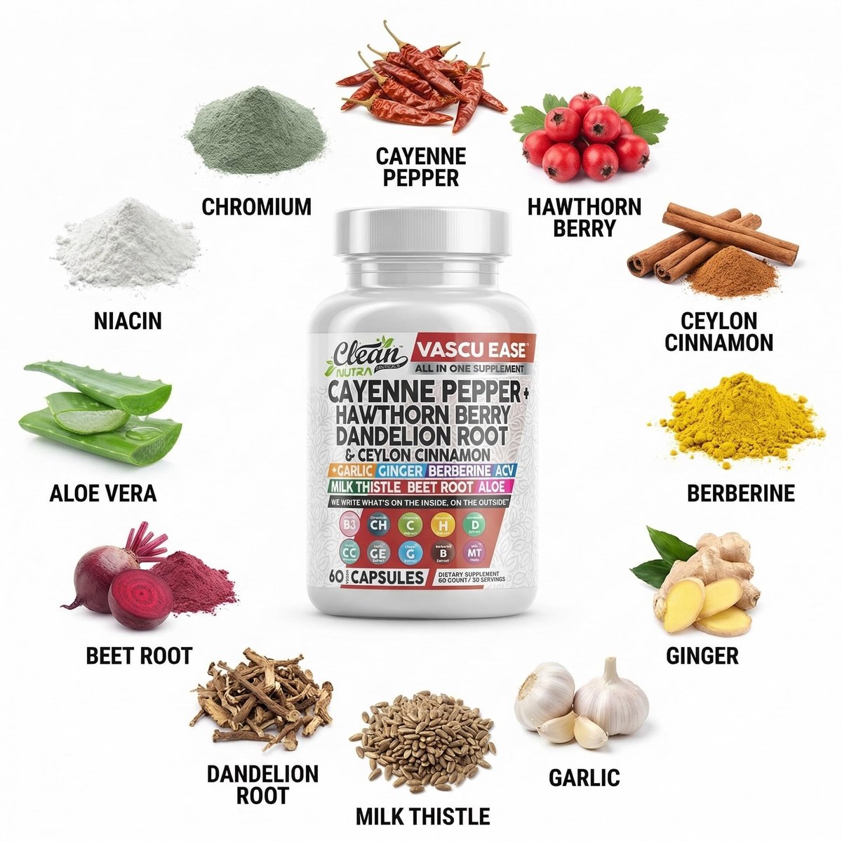 Clean Nutra Cayenne Pepper Capsules Supplement with Hawthorn Berry, Dandelion Root, Ceylon Cinnamon, Garlic, Ginger, Berberine, Apple Cider Vinegar, Milk Thistle, Beet Root, Aloe Vera Pills & More - görsel 5