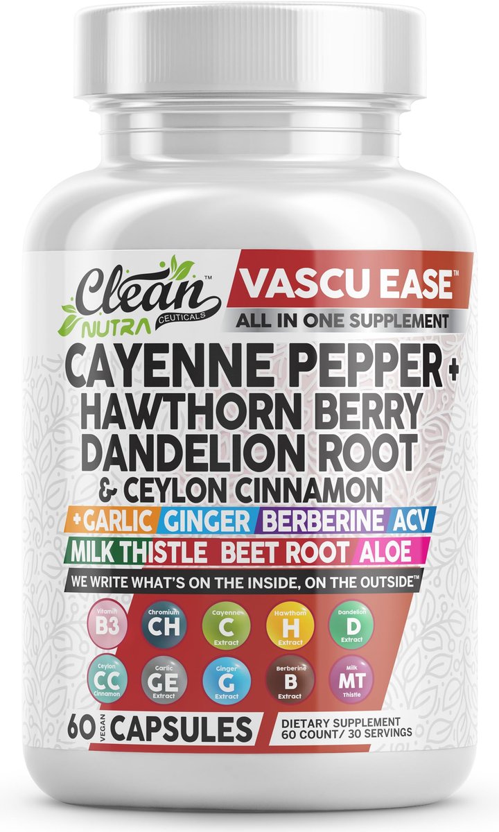Clean Nutra Cayenne Pepper Capsules Supplement with Hawthorn Berry, Dandelion Root, Ceylon Cinnamon, Garlic, Ginger, Berberine, Apple Cider Vinegar, Milk Thistle, Beet Root, Aloe Vera Pills & More - görsel 1
