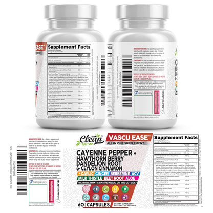 Clean Nutra Cayenne Pepper Capsules Supplement with Hawthorn Berry, Dandelion Root, Ceylon Cinnamon, Garlic, Ginger, Berberine, Apple Cider Vinegar, Milk Thistle, Beet Root, Aloe Vera Pills & More