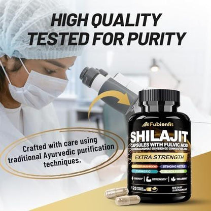 Fubienfit Shilajit Capsules - Premium Shilajit for Men - with Ashwagandha Ginseng and More Fulvic Acid for Men/Women - 120 Capsules