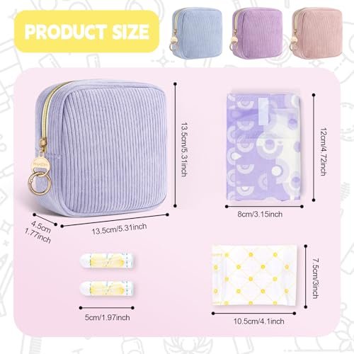 Playexen Period Bag for Purse, Corduroy Sanitary Napkin Storage Bag, Period Pouches Menstrual Pad Pouch Tampon Holder for Purse (Lilac Purple) - görsel 4