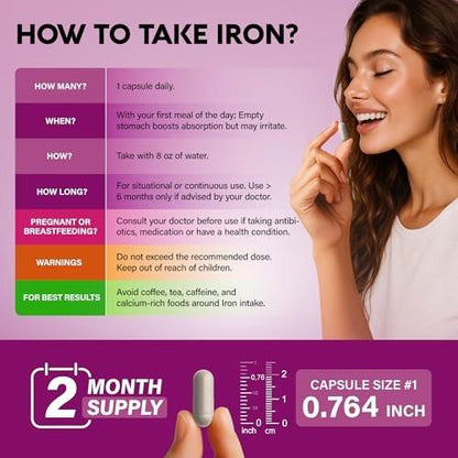Iron Supplement for Women - Iron 65mg (Ferrous Sulfate 325mg) - Stomach Friendly | Slow Release | High Absorption - Vitamins C, D3, B6, B12 & Folate - Energy Support - 60 Capsules, 2 Month Supply