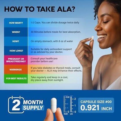 Alpha Lipoic Acid 600mg - ALA Supplement Antioxidant for Nerve, Energy & Metabolism Support - Extra Strength with Benfotiamine, B1 & B12 - Lab Tested, NON-GMO & Vegan - 120 Capsules, 2 Month Supply