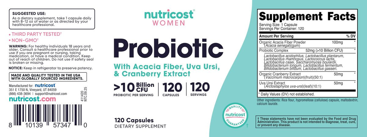 Nutricost Probiotic for Women 10 Billion CFU, 120 Capsules - Complex with Acacia Fiber, Uva Ursi & Cranberry Extract, Non-GMO & Gluten Free - görsel 12
