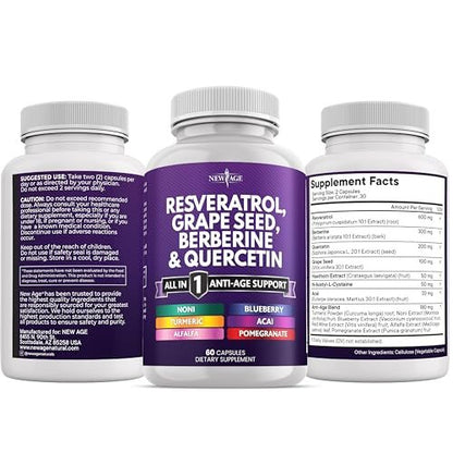 NEW AGE Resveratrol, Berberine, Grape Seed Extract, Quercetin - Polyphenol Supplement for Women and Men with Noni, N-Acetyl Cysteine, Acai - 60 Capsules