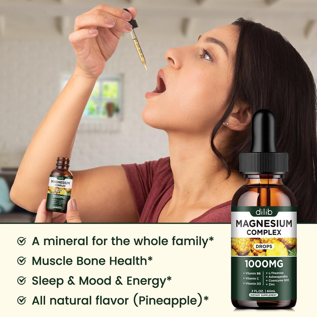 Triple Magnesium Complex Supplement, Magnesium Glycinate, Blend, Citrate Liquid Drops 1000mg with Ashwagandha, CoQ10, Vitamin B6, C, D, Zinc - Vegan Pineapple Flavor - görsel 14