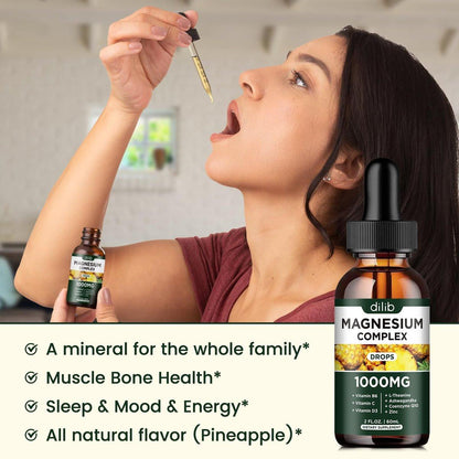 Triple Magnesium Complex Supplement, Magnesium Glycinate, Blend, Citrate Liquid Drops 1000mg with Ashwagandha, CoQ10, Vitamin B6, C, D, Zinc - Vegan Pineapple Flavor