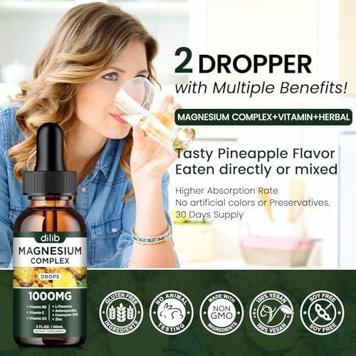 Triple Magnesium Complex Supplement, Magnesium Glycinate, Blend, Citrate Liquid Drops 1000mg with Ashwagandha, CoQ10, Vitamin B6, C, D, Zinc - Vegan Pineapple Flavor - görsel 7