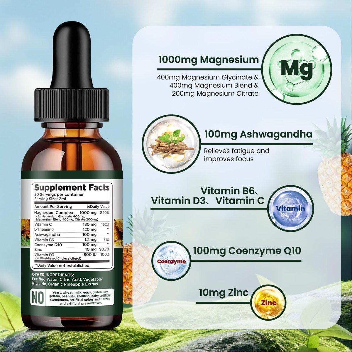 Triple Magnesium Complex Supplement, Magnesium Glycinate, Blend, Citrate Liquid Drops 1000mg with Ashwagandha, CoQ10, Vitamin B6, C, D, Zinc - Vegan Pineapple Flavor - görsel 4