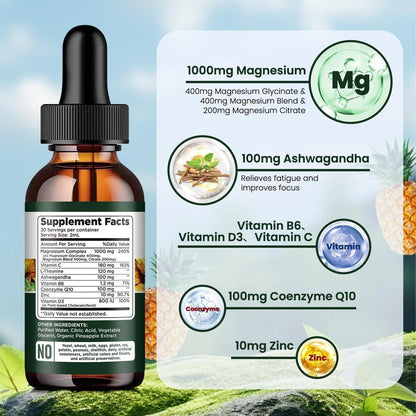 Triple Magnesium Complex Supplement, Magnesium Glycinate, Blend, Citrate Liquid Drops 1000mg with Ashwagandha, CoQ10, Vitamin B6, C, D, Zinc - Vegan Pineapple Flavor