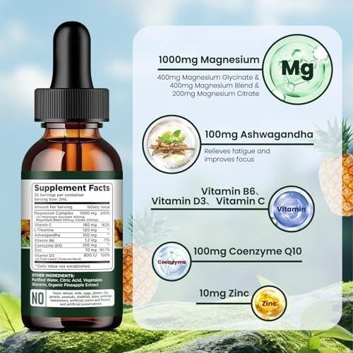 Triple Magnesium Complex Supplement, Magnesium Glycinate, Blend, Citrate Liquid Drops 1000mg with Ashwagandha, CoQ10, Vitamin B6, C, D, Zinc - Vegan Pineapple Flavor - görsel 3