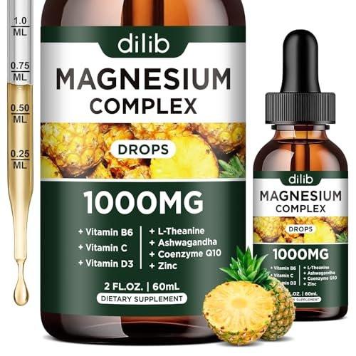 Triple Magnesium Complex Supplement, Magnesium Glycinate, Blend, Citrate Liquid Drops 1000mg with Ashwagandha, CoQ10, Vitamin B6, C, D, Zinc - Vegan Pineapple Flavor - görsel 1