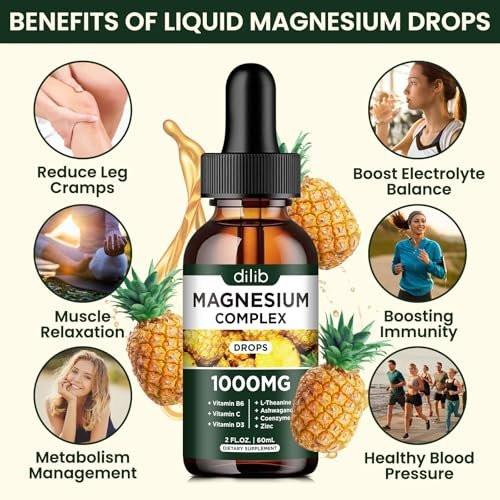 Triple Magnesium Complex Supplement, Magnesium Glycinate, Blend, Citrate Liquid Drops 1000mg with Ashwagandha, CoQ10, Vitamin B6, C, D, Zinc - Vegan Pineapple Flavor - görsel 5