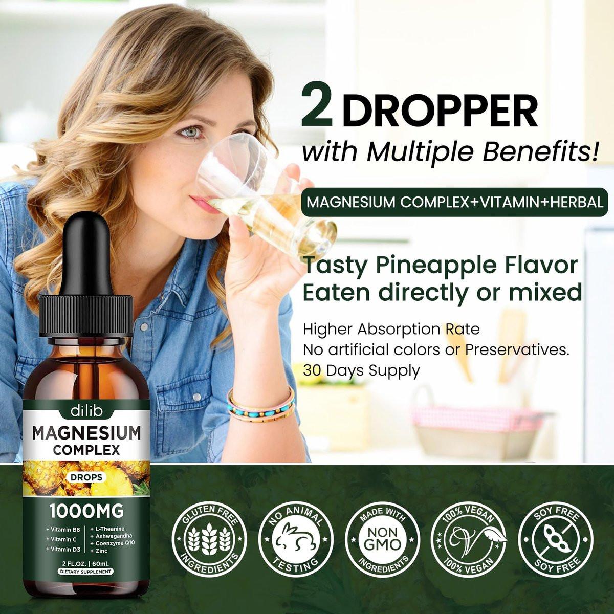 Triple Magnesium Complex Supplement, Magnesium Glycinate, Blend, Citrate Liquid Drops 1000mg with Ashwagandha, CoQ10, Vitamin B6, C, D, Zinc - Vegan Pineapple Flavor - görsel 8