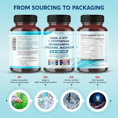 PEAKPURY GABA, 5-HTP L-Tryptophan Ashwagandha Chamomile L-Theanine Magnesium - 150 Count