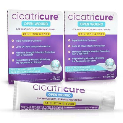 Cicatricure Triple Antibiotic Ointment with Pain Relief, Bacitracin Antibiotic Ointment & Cream for Wound Care, Healing Ointment for Cuts, Burns, Insect Bites, First Aid Supplies Essential, 1 oz (Pack of 2)