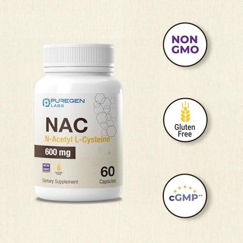 Puregen Labs N-Acetyl-L-Cysteine (NAC) 600mg, Antioxidant Support Supplement, NAC 600 mg, Easy to Absorb - 60 Vegetarian Capsules - görsel 7