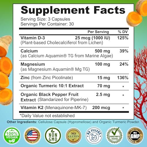 Plant-Based Calcium 500mg (Aquamin) – Vegan Calcium Magnesium Zinc D3 with Vitamin K2 & Organic Turmeric – Enhanced Bone and Muscle Health & Strength, Immune Support for Women & Men - 90 Count - görsel 10