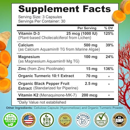 Plant-Based Calcium 500mg (Aquamin) – Vegan Calcium Magnesium Zinc D3 with Vitamin K2 & Organic Turmeric – Enhanced Bone and Muscle Health & Strength, Immune Support for Women & Men - 90 Count