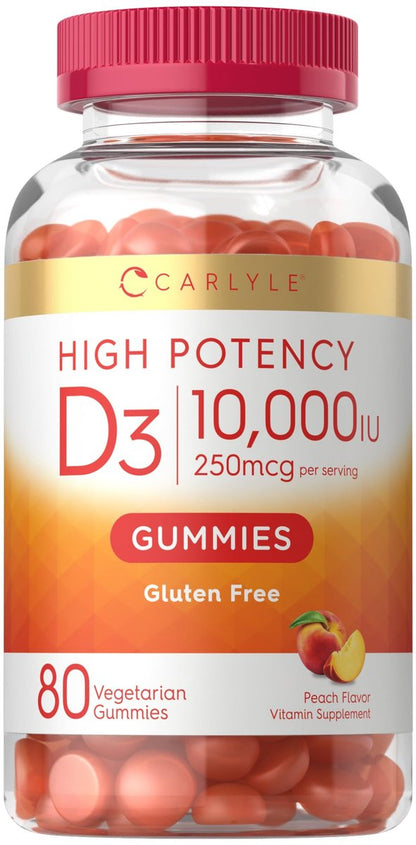 Carlyle Vitamin D3 10000 IU Gummies for Adults | 80 Count | Peach Flavored High Potency Supplement for Women & Men | Vegetarian, Non-GMO, Gluten Free