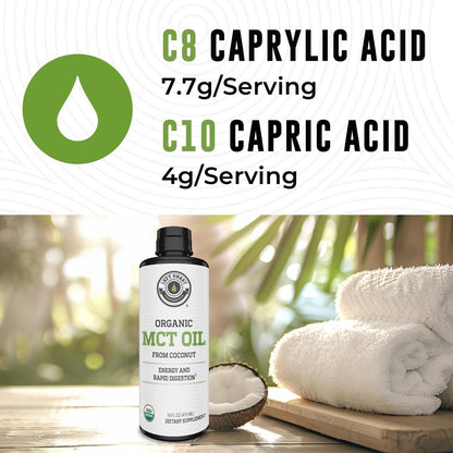 MCT Oil Organic - C10 C8 MCT Oil for Sustained Mental Energy & Focus Support - Organic For Coffee, Smoothies, & More - Palm Free Vegan Keto & Paleo Friendly 16 Fl Oz - Non-GMO - Aceite De Coco