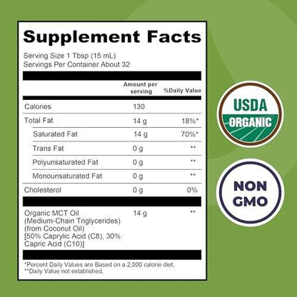 MCT Oil Organic - C10 C8 MCT Oil for Sustained Mental Energy & Focus Support - Organic For Coffee, Smoothies, & More - Palm Free Vegan Keto & Paleo Friendly 16 Fl Oz - Non-GMO - Aceite De Coco