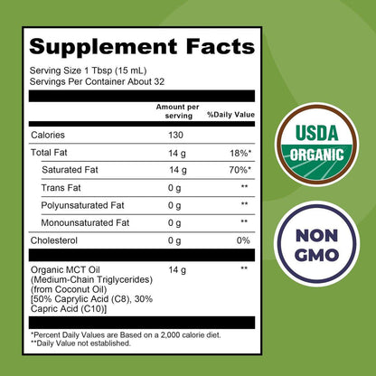 MCT Oil Organic - C10 C8 MCT Oil for Sustained Mental Energy & Focus Support - Organic For Coffee, Smoothies, & More - Palm Free Vegan Keto & Paleo Friendly 16 Fl Oz - Non-GMO - Aceite De Coco
