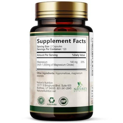 Magnesium Citrate 1000mg Per Serving - Extra Strength Magnesium for Bone, Muscle, Nerves & Heart Health Support, Natural Magnesium Supplement for Calm & Whole Body Support, USA Bottled - 240 Capsules
