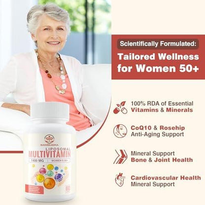 Sambugra Liposomal Multivitamin for Women 50+ - Women Daily Multivitamin with 32 Ingredients, CoQ10, Vitamins C, B, D, E for Cardiovascular & Bone Health Support - Iron-Free (60 Capsules)