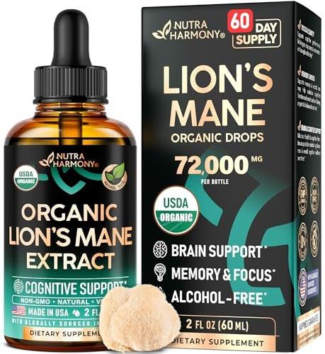Lions Mane Liquid - USDA Certified Organic Lions Mane Supplement - Brain Support, Energy, Memory & Focus - Sugar & Alcohol-Free Lion's Mane Mushroom Extract 72,000 mg / Bottle, 2 Fl OZ, 2 Month Supply - görsel 2