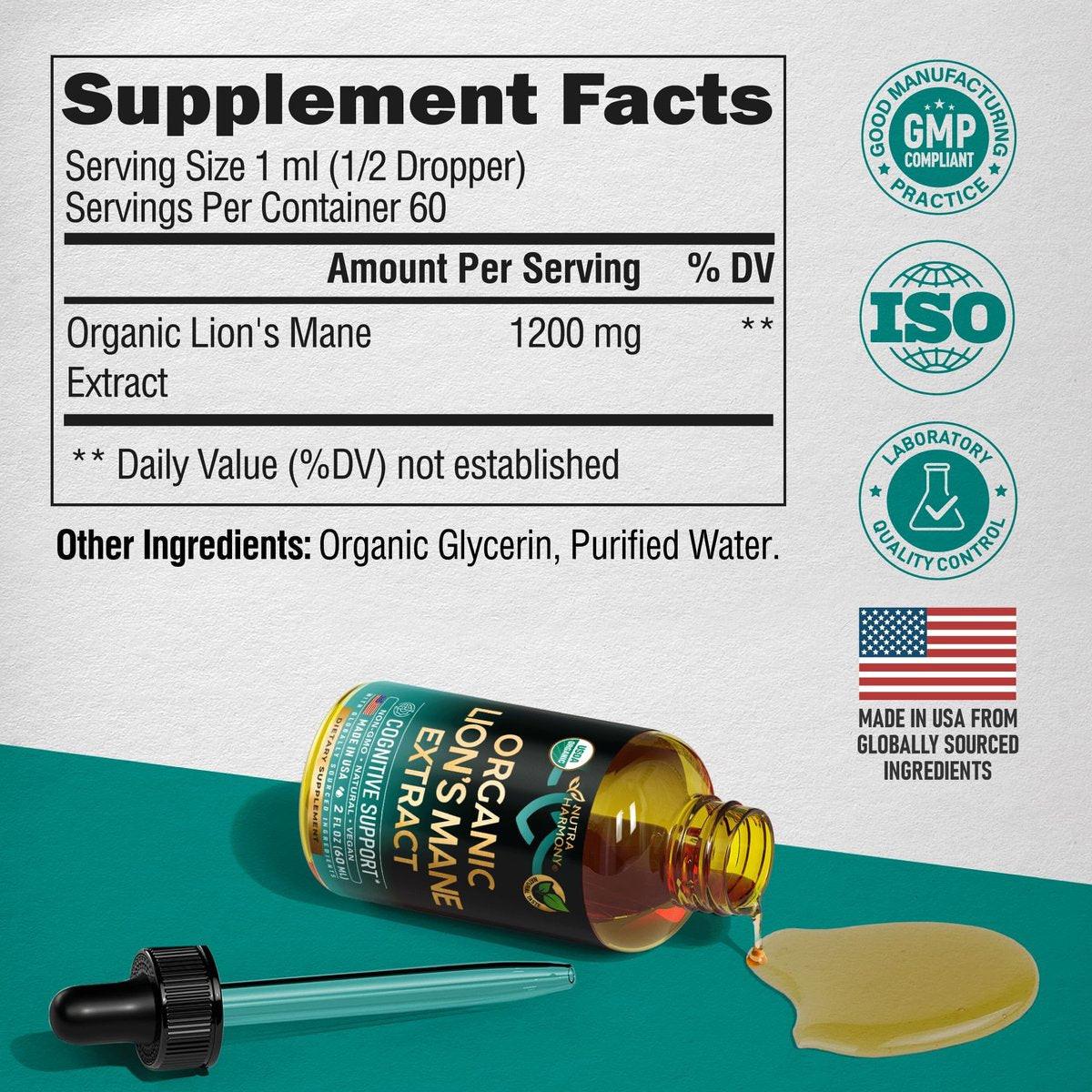 Lions Mane Liquid - USDA Certified Organic Lions Mane Supplement - Brain Support, Energy, Memory & Focus - Sugar & Alcohol-Free Lion's Mane Mushroom Extract 72,000 mg / Bottle, 2 Fl OZ, 2 Month Supply - görsel 11
