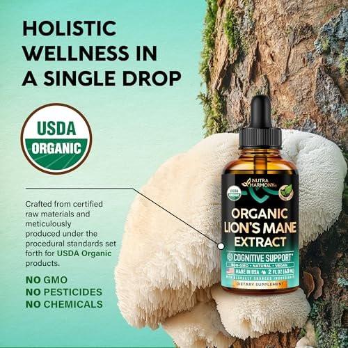 Lions Mane Liquid - USDA Certified Organic Lions Mane Supplement - Brain Support, Energy, Memory & Focus - Sugar & Alcohol-Free Lion's Mane Mushroom Extract 72,000 mg / Bottle, 2 Fl OZ, 2 Month Supply - görsel 6